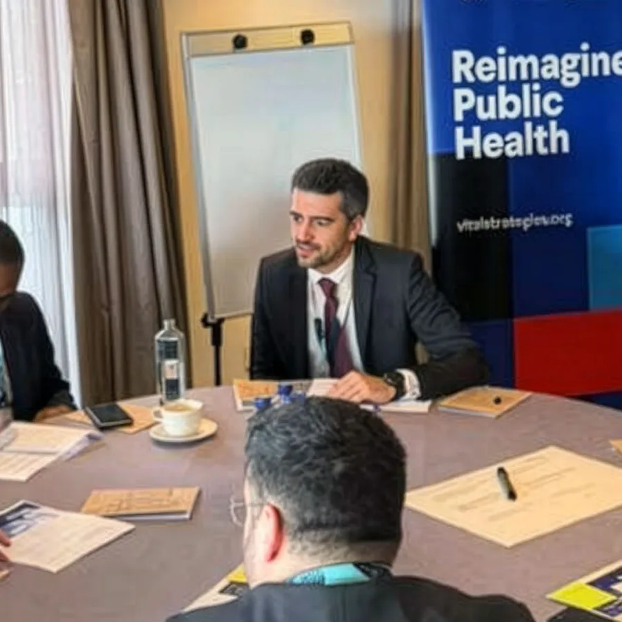Public health officials in discussion around a meeting table, beside a Vital Strategies “Reimagine Public Health” banner.